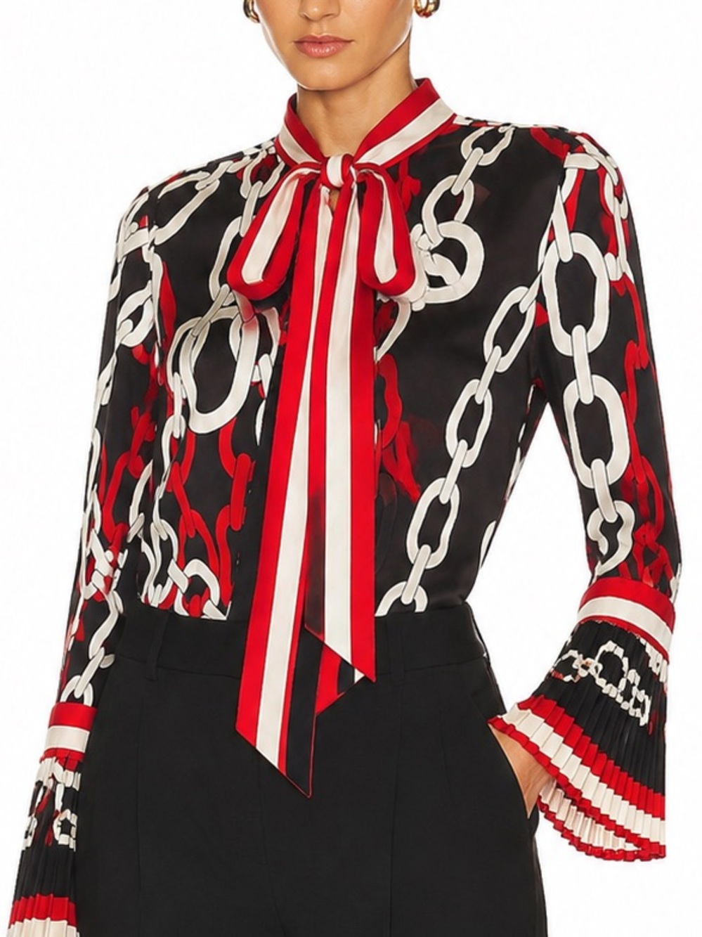 SEVENTY by Sergio Tegon Chain Print Tie-Neck Blouse Size 10 (IT 38)